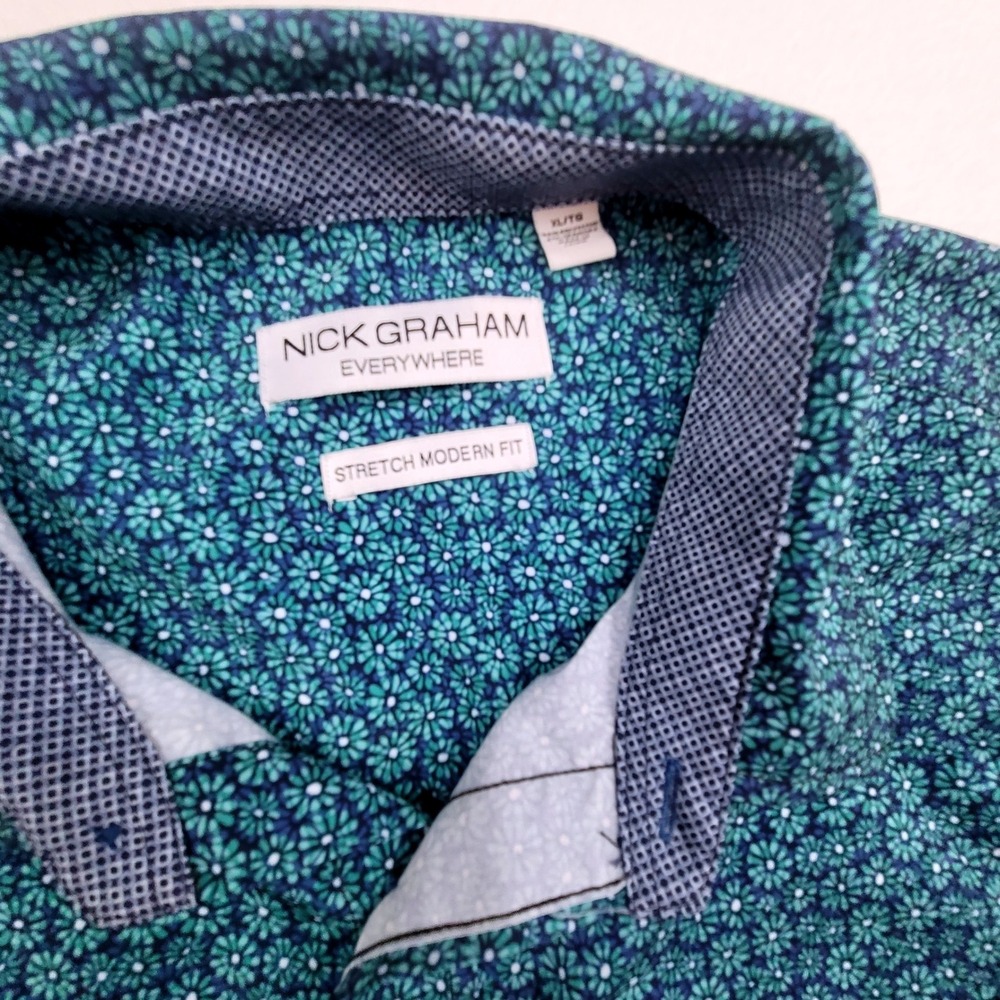 Nick Graham Mens XL Shirt Blue Floral‎ Print Modern Fit Short Sleeve Button Up - Picture 3 of 10